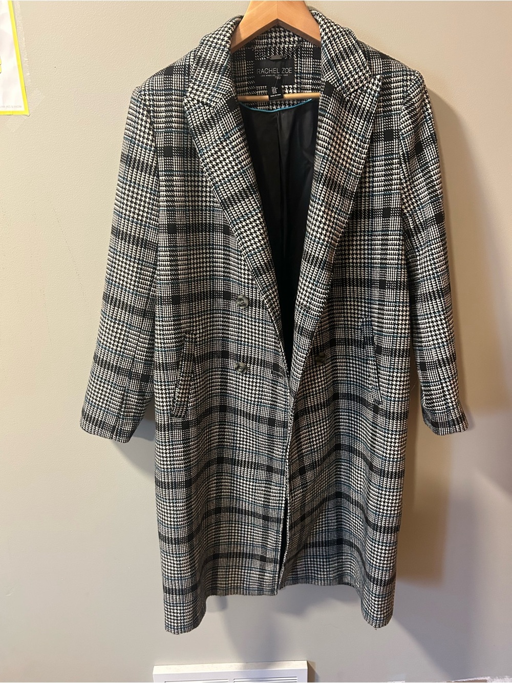 Rachel Zoe 55% Wool Black White and Blue Plaid Double-Breasted Trench Coat